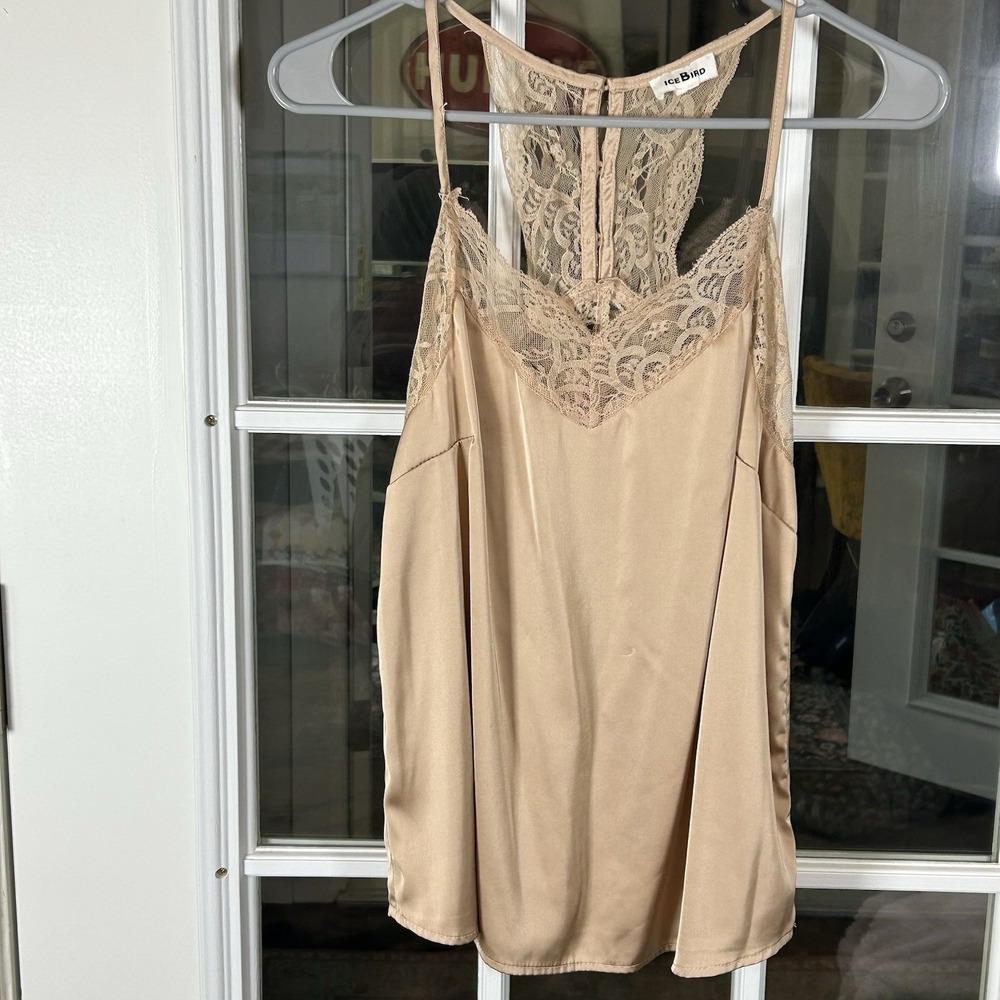 Ice Bird Flowy Champagne Satin Lace Cami Tank Top Small Gold Coquette Y2K Bridal